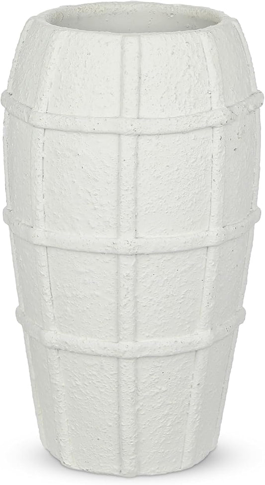 Briful Rustic Terracotta Flower Vase for Home Decor – 9" White Farmhouse Textured Barrel-Style Ceramic Vase Vintage Handcrafted Gridded Design for Faux & Dried Flowers Living Room Table Centerpiece