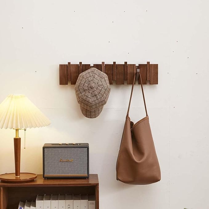 Wood Coat Rack Wall Mounted, Coat Hooks Wall Mount, Flip Down Entryway Wall Art Rack wtih 8 Hooks for Hanging Coats Keys Hats Towels Bags, Walnut