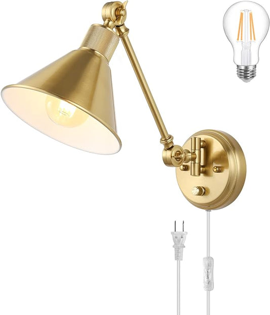 TRLIFE Wall Sconce Plug in, Dimmable Wall Sconce Brushed Brass Swing Arm Wall Lights with Plug in Cord and Dimmer On/Off Knob Switch, Wall Mounted Light for Bedside Bedroom Stairway (1 Pack, 1 Bulb)