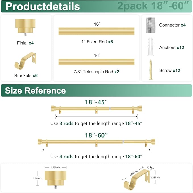 HEI! DEAR 2 Pack Gold Curtain Rods 18 to 60 Inch(1.5-5ft), 1 Inch Heavy Duty, Modern Decorative, Telescoping Window Curtains Rods, Brass Gold