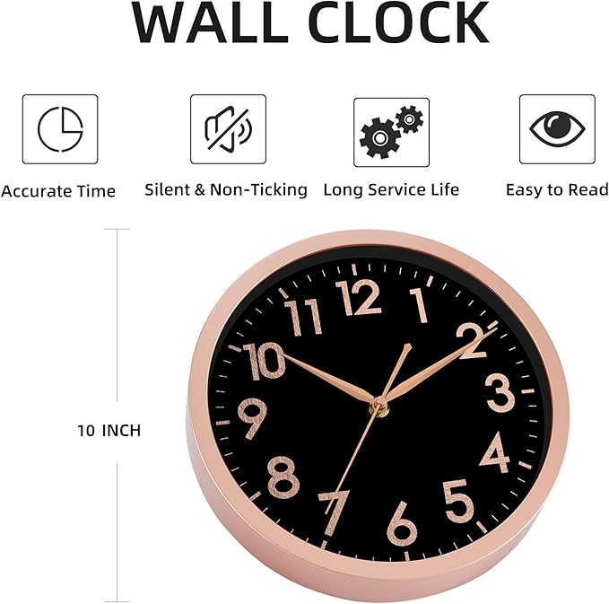 AKCISOT Wall Clock 10 Inch Rose Gold Modern Wall Clocks Battery Operated - Analog Small Silent Non Ticking Clock Decorative for Living Room, Office, Bedroom, Bathroom, Kitchen