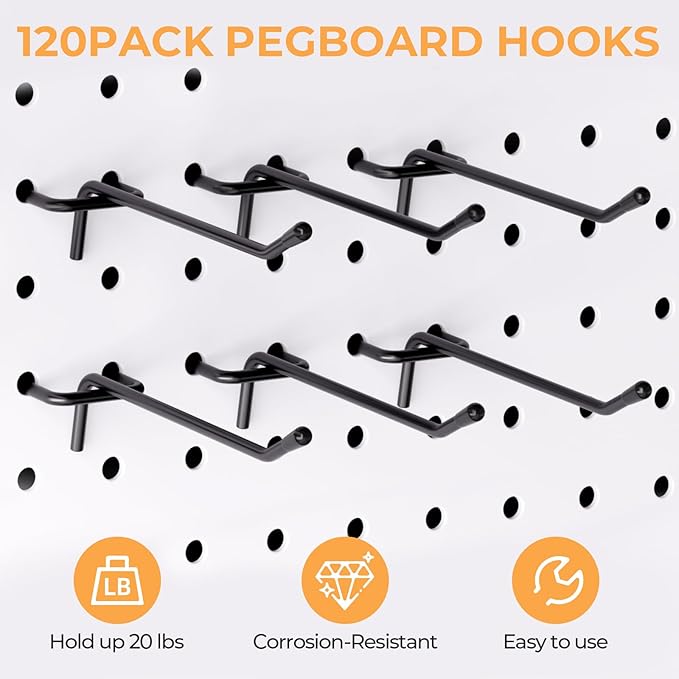 INCLY 120 Pack Black Pegboard Hooks, 4/6/8 Inch Peg Board Shelving Hooks Accessories, Peg Board Tool Hangers Fit for 1/8“ and 1/4" Pegboard Hanging Tools for Garage, Craft Room, Kitchen, Store