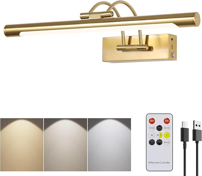 Picture Frame Light,16.14 inch Wireless Picture Lights Rechargeable for Wall with Remote,5000mAh 3CCT Dimmable and Timer Remote Art Lighting for Paintings for Pictures Display,Gold