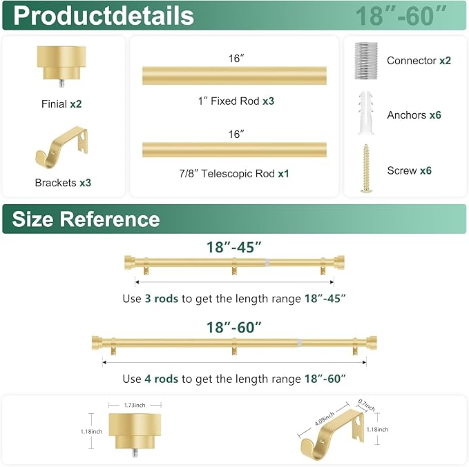 HEI! DEAR Gold Curtain Rods 18 to 60 Inch(1.5-5ft), 1 Inch Heavy Duty, Modern Decorative, Brass Gold