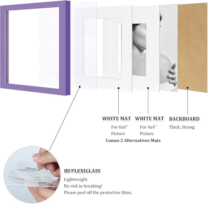 Egofine 8x8 Picture Frame 4PCS, Made of Solid Wood Covered by Plexiglass Display 4x4/6x6 with Mat or 8x8 without Mat, for Table Top Display and Wall Mounting Photo Frame, Purple