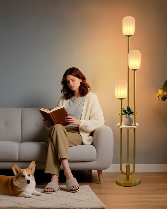 Lightdot Gold Dimmable Floor Lamp with Shelf, Modern Floor Lamps with Oval Striped Lampshade 3000K Soft Warm White 3-Lights Candle Holder Style Tall Lamp for Living Room/Bedroom