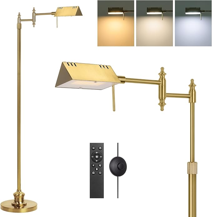 Dimmable Pharmacy Floor Lamp with Remote, 15W LED Reading Floor Lamp with 360°Swing Arm, 3 Color Temperature, Height Adjustable Gold Standing Task Lamp for Living Room, Bedroom, Office, Antique Brass