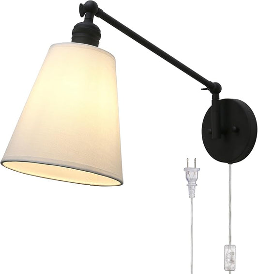 PERMO Retro Swing Arm Wall Sconce Plug in Wall Lamp Black Single Sconce with White Fabric Shade Wall Light Fixture for Bedroom Living Room Office