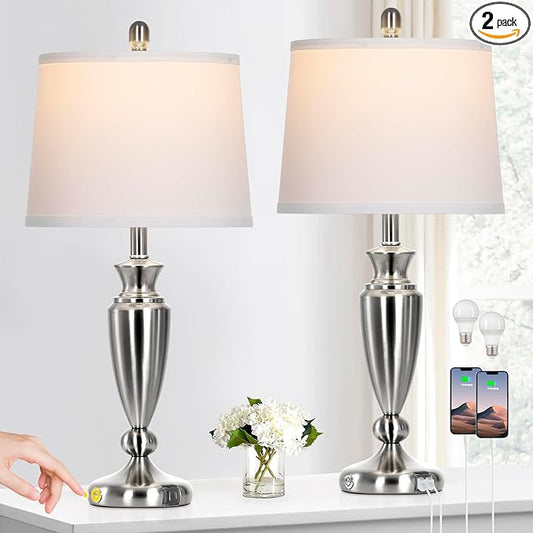 Metal Table Lamps Set of 2, 3 Way Touch Control Silver Bedside Lamps with USB A+C Ports, Modern Brushed Nickel Nightstand Lamps for Bedroom Living Room