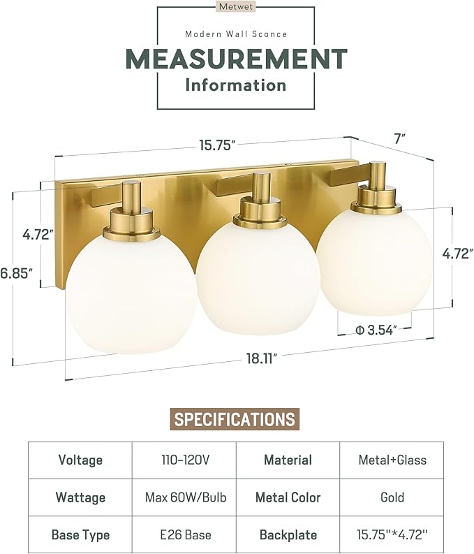 Bathroom Light Fixtures, 3-Light Brushed Gold Vanity Light, Modern Wall Sconces with Milk White Globe Glass Shade, Vanity Lighting Fixtures Over Mirror, VL195-BG-ML-3