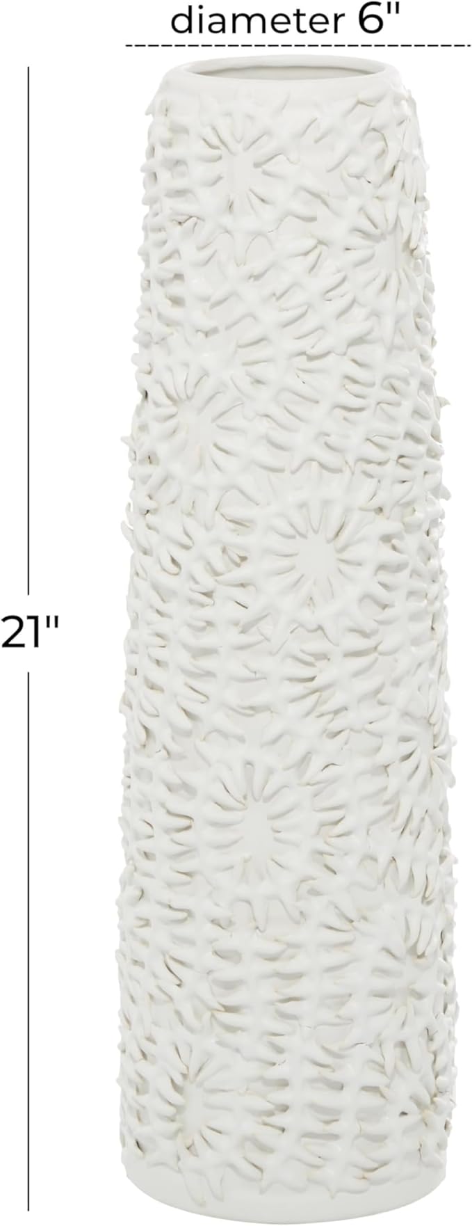 Deco 79 Ceramic Floral Embossed Vase, 6" x 6" x 21", White