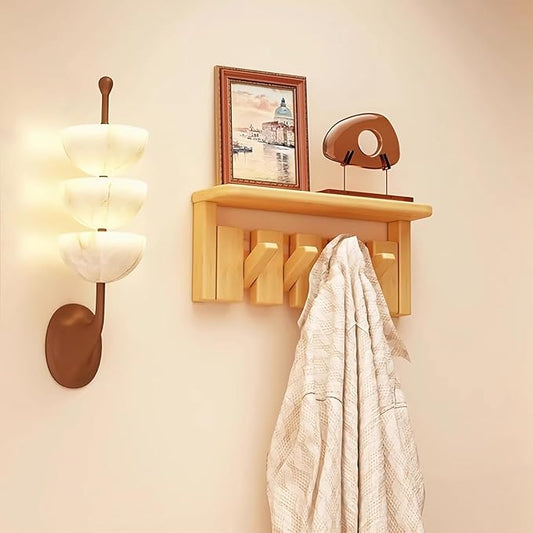 Wall Mounted Piano Key Hanger | Flip Style Hook | Entrance Wall Art Hook, Made of Oak Wood (3 Times Painted, 4 Times Polished) (Tray Beech, 4Hooks)