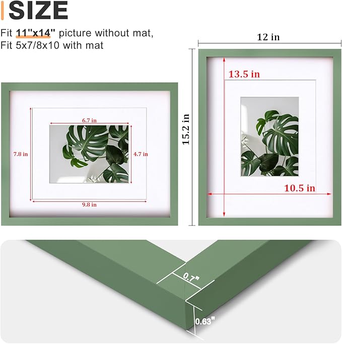 Egofine 11x14 Picture Frames 4PCS Made of Solid Wood Covered by Plexiglass for Table Top and Wall Mounting for Pictures 5x7/8x10 with Mat or 11x14 without Mat Horizontally or Vertically Display, Green