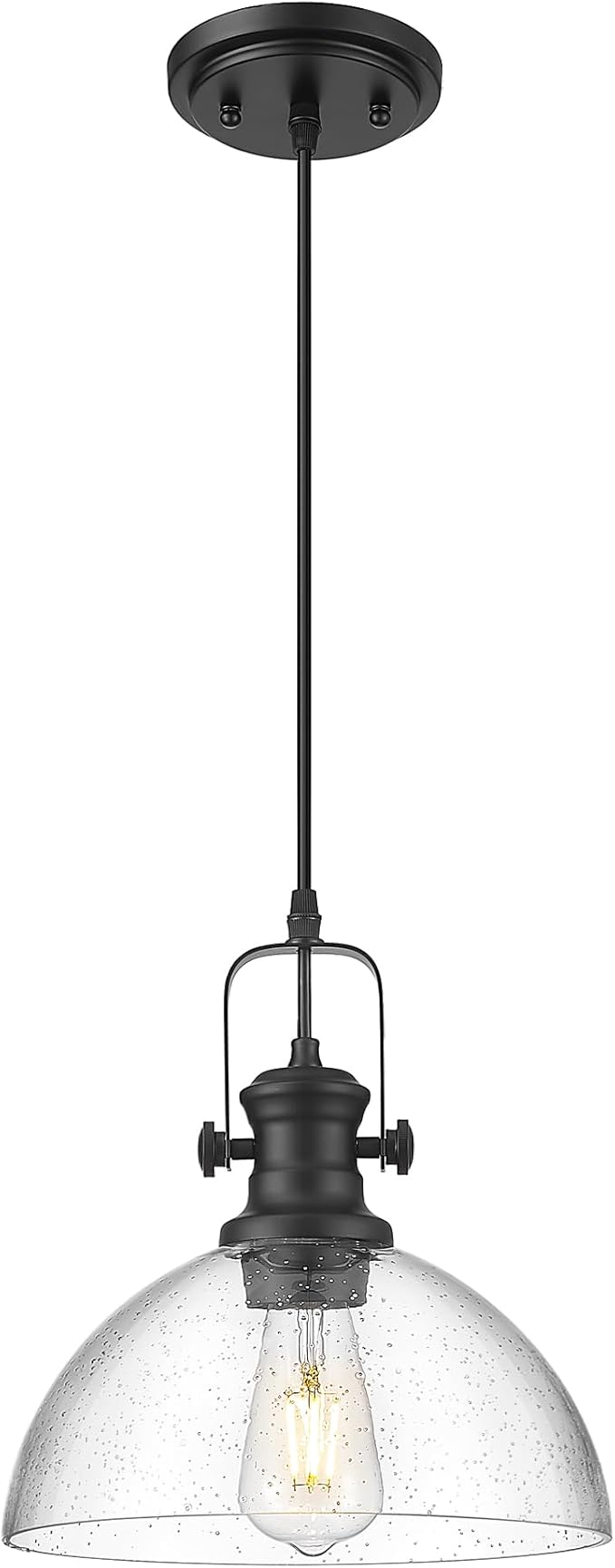 Black Pendant Lights Kitchen Island, 10.5" Farmhouse Pendant Lighting with Clear Seeded Glass Shade, Vintage Hanging Light Fixtures for Dining Room, AD-22151-1PL-BK