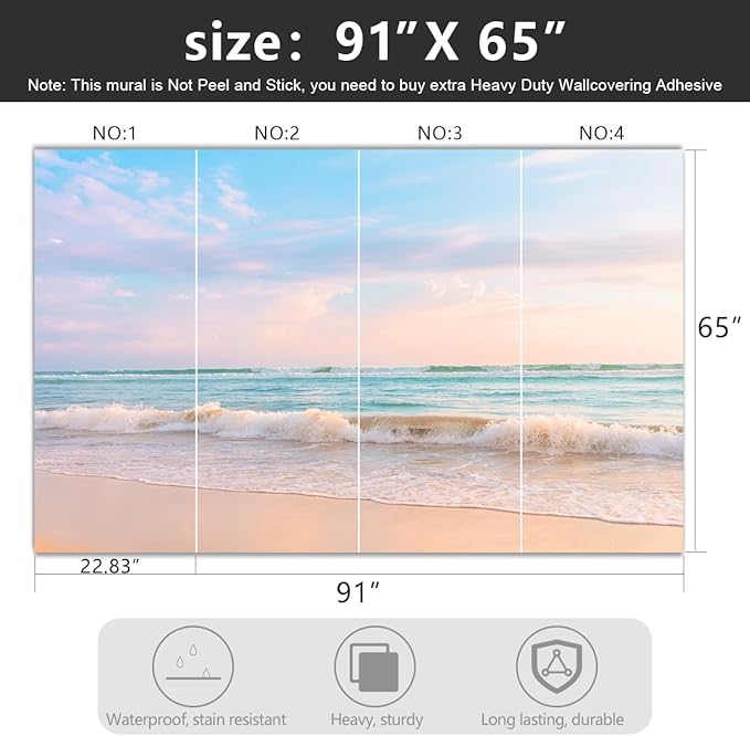 -Clear Waves Summer Beach Coastal Scenery Fabric Wallpaper Coastal Islands Living Room Bedroom Bathroom Boys Girls Kids Room Large Mural- 91"x65"（ not Peel and Stick）