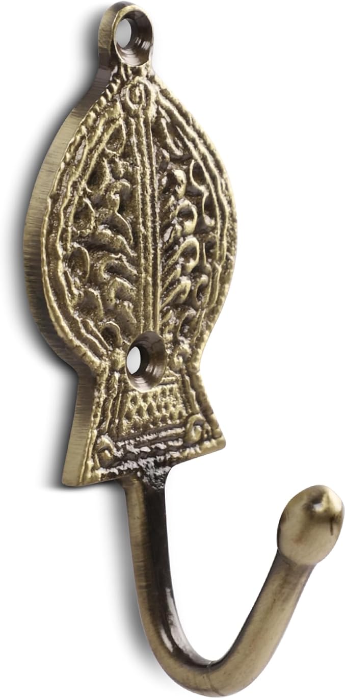 Multipurpose Hooks, Used to Hang Clothes, Bags, Coats, Curtain Hold Backs, Keys, Colour - Antique Gold, Material - Brass, Retro Design, Screws and Wallplugs Included, Pack of 4 Pieces