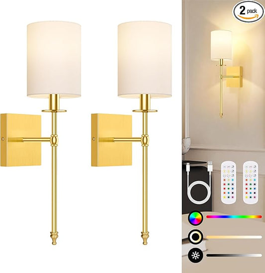 19.9 Inch Wall Sconces Battery Operated Set of 2, Rechargeable Wireless Wall Sconces Lights with Remote, Not Hardwired Dimmable Gold Wall Lamps with White Fabric Shade for Bedroom, 2 Bulbs Included