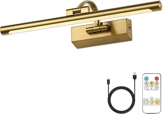 JUSHENG Wireless Picture Lights Battery Operated with Remote and Timer Brass Art Light with Swing Arm Rechargeable Gallery Lighting Artwork Lamp 15.75'' Inch 3W