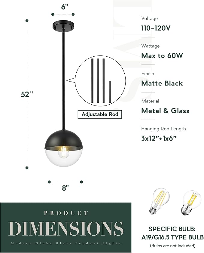 LMS Modern Pendant Lights, Matte Black Kitchen Island Pendant Light Fixtures, Adjustable Hanging Rod Ceiling Light for Dining Room Bathroom Bedroom, LMS-186BKC
