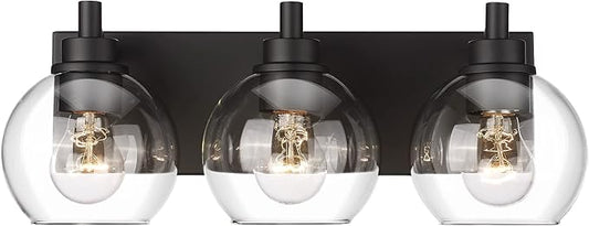 Bathroom Light Fixtures, 3-Light Matte Black Vanity Light, Modern Wall Sconces with Clear Glass Globe Shade, Bathroom Wall Lights for Mirror Kitchen Bedroom Hallway, VL195-MB-3