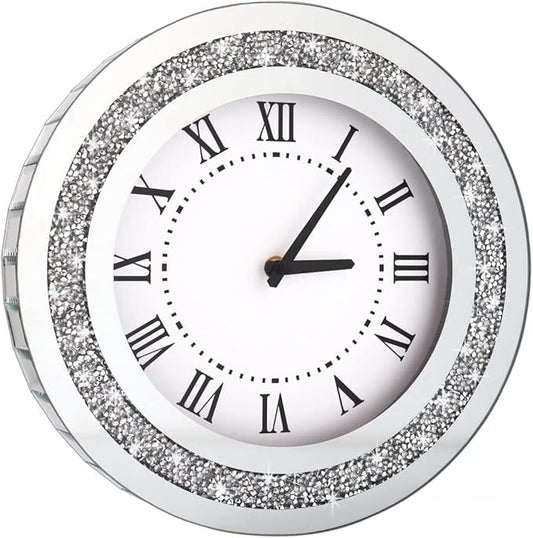 Silver Round Mirror Clock 12inch Crystal Sparkle Twinkle Bling Crush Diamond Mirrored Wall Clock for Wall Decoration Silver Glass Mirror Home Decor. AA Battery is not Included.