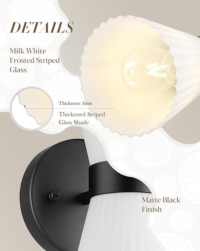Black Wall Sconces Set of Two, HWH Modern Wall Light Fixtures Indoor Wall Lamp Up and Down, Matte Black Finish with Frosted Milk White Striped Glass Shade, 5HZG97B-2W-2PK BK
