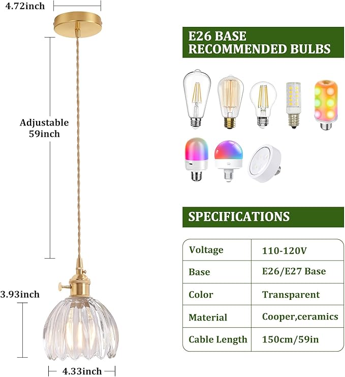 Mini Pendant Light with Clear Tulip Glass Lmapshade, Brass Vintage Pendant Light Adjustable Hanging Light for Kitchen Island Dining Room Hallway