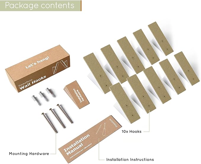 Homeforia Gold Wall Coat Hooks, High End White Wood & Gold Metal Wall Mounted Clothing Hook, Mid-Century Modern Clothes Hooks, Heavy Duty Wooden Hook for Hanging Coats, Hats, Towels & More, Set of 10