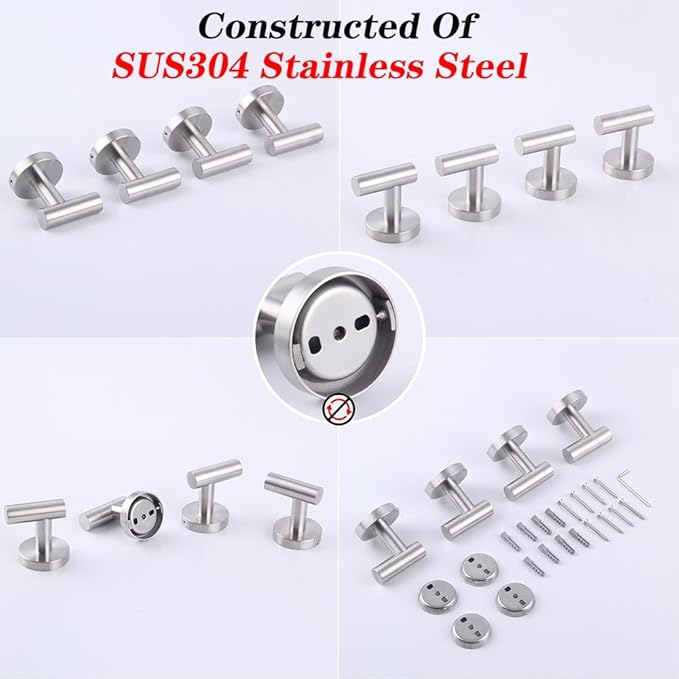 GERZWY Bath Towel Hook SUS 304 Stainless Steel Coat/Robe Clothes Hook for Bath Kitchen Modern Hotel Style Wall Mounted 4 Pack Brushed Finish AG1307B-LS