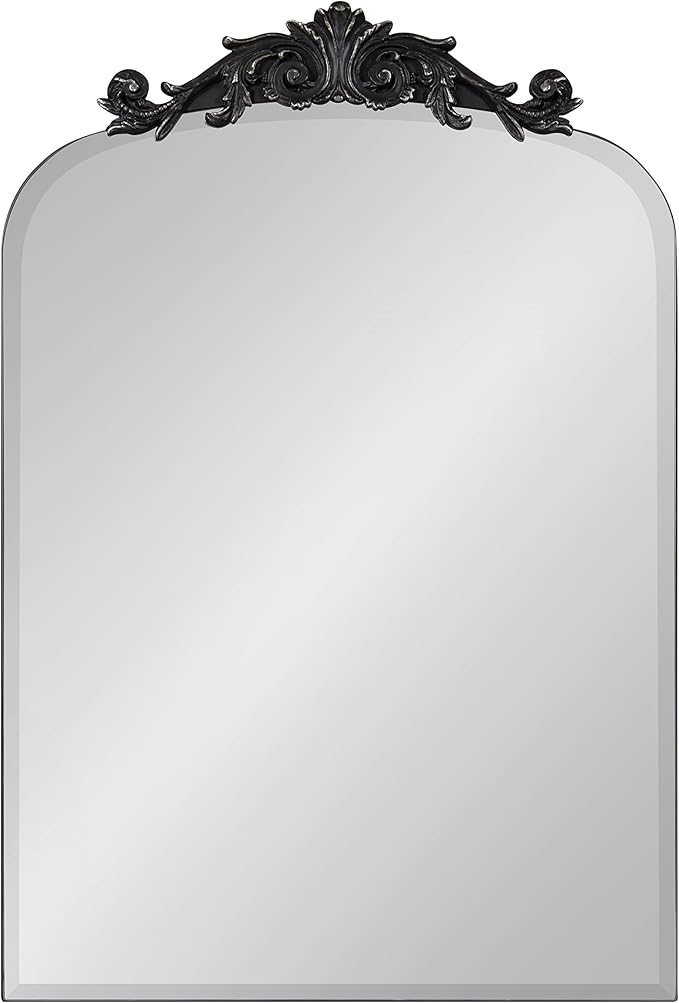 Kate and Laurel Arendahl Ornate Beveled Frameless Arched Mirror; 20 x 30; Black; Decorative Baroque Style Wall Mirror with Ornamental Crown Top