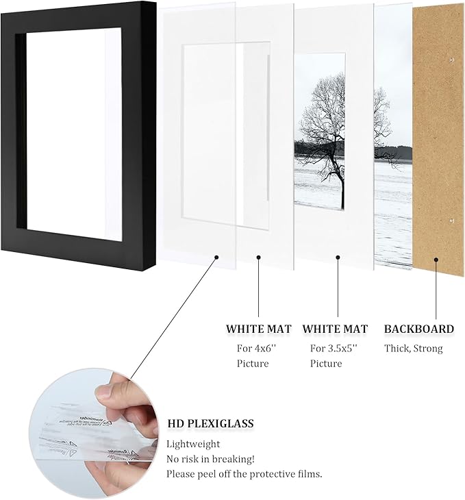 Egofine 4x6 Picture Frames 4PCS Covered by Plexiglass for Picture 3x4.5/3.5x5 with Mat or 4x6 whitout Mat Made of Solid Wood for Table Top Display and Wall Mounting Photo Frame, Black with Texture