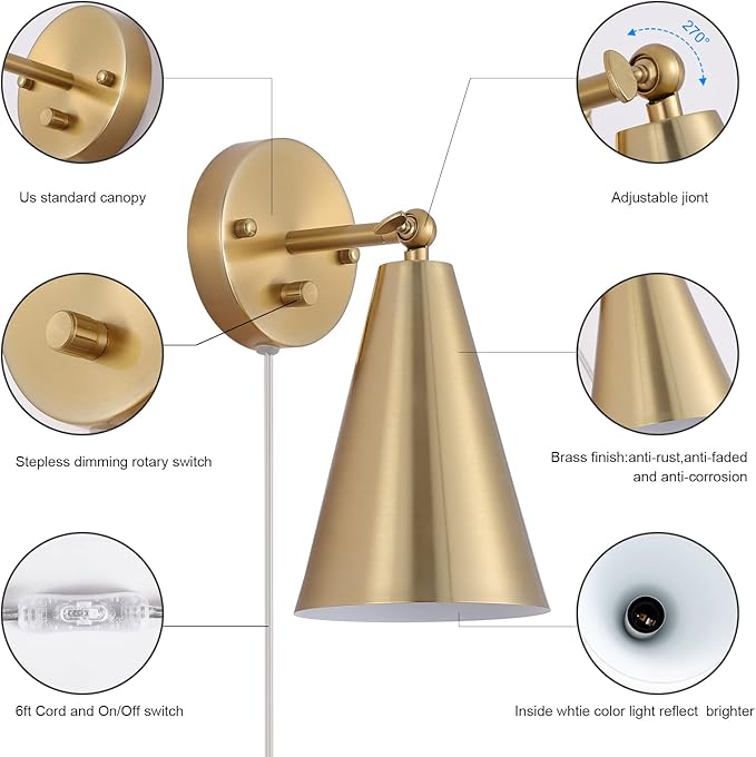 MWZ Gold Wall Sconces Set of Two Plug in,Brass Modern Dimmable Sconces Adjustable Angle Lights with Metal Shade and Dimmer On/Off Rotary Switch, Wall Mounted Light for Bedroom Bedside Stairway