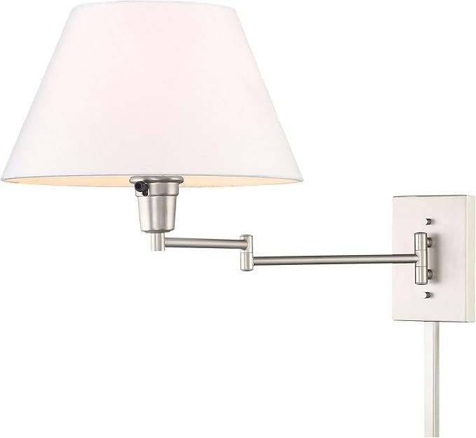 Kira Home Cambridge 15" Swing Arm Wall Lamp - Plug in/Wall Mount + White Fabric Shade, 150W 3-Way + Cord Covers, Satin Nickel Finish