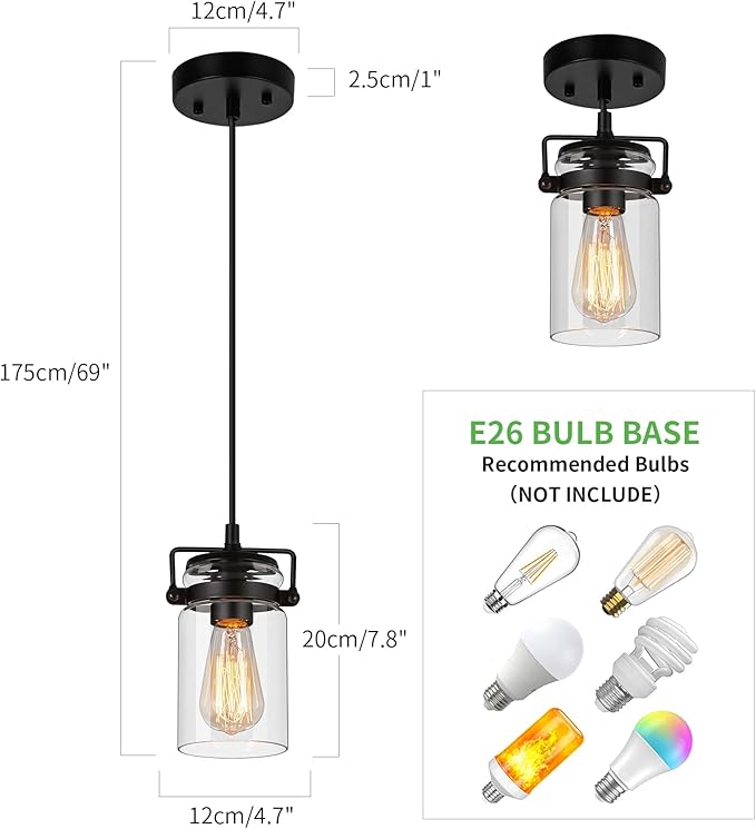 Industrial Pendant Lighting for Kithen Island, 1 Light Mini Hanging Pandent Light Fixture with Clear Glass Shade Adjustable Farmhouse Ceiling Light for Kitchen Island Dining Room Living Room