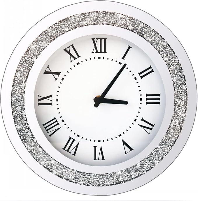 Silver Round Mirror Clock 12inch Crystal Sparkle Twinkle Bling Crush Diamond Mirrored Wall Clock for Wall Decoration Silver Glass Mirror Home Decor. AA Battery is not Included.