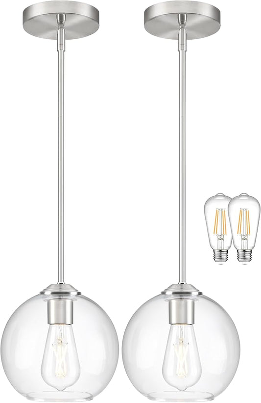 7 Inch Nickel 2-Pack Modern Pendant Lights Kitchen Island Mid Century Modern Pendant Light Fixtures with Clear Glass Globe Modern Hanging Pendant Light for Bathroom Bedroom （Bulb Incl）