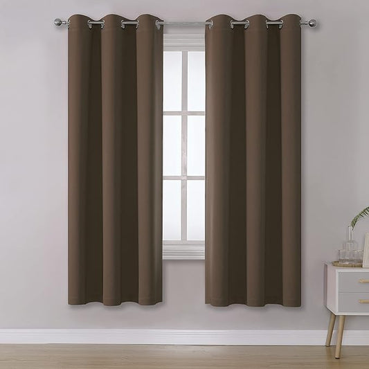 DUALIFE Chocolate Brown Thermal Blackout Curtains for Bedroom -Dark Brown Cafe Curtains 42 x 63 Inches Long Room Darkening Widow Drapes for Living Room 2 Panels, Grommet Top