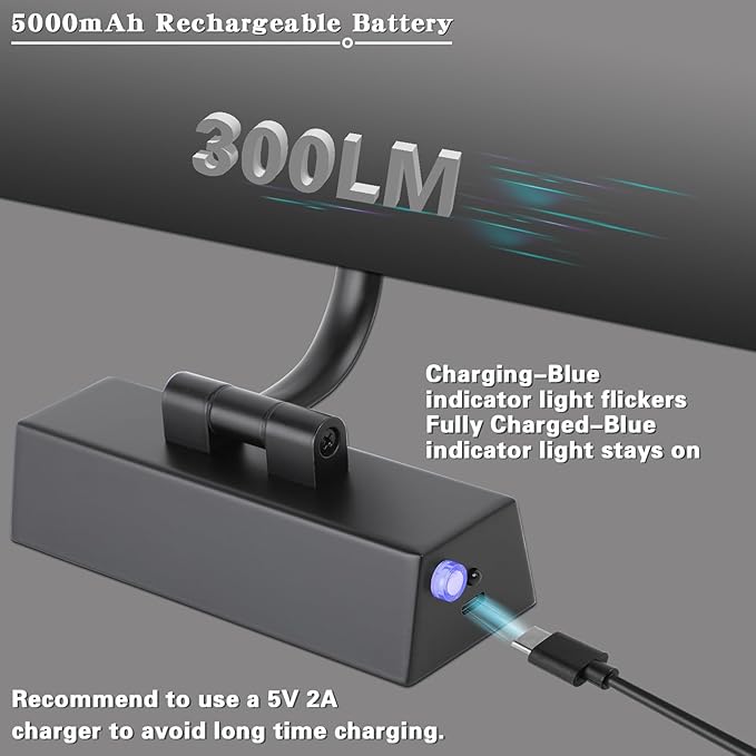 JUSHENG Black Picture Light Battery Operated 15.75'' Inch, Rechargeable Gallery Lighting with Swing Arm and Dimmable Function, Full Metal Wireless Painting Lights for Display, Portrait, Artwork 3W