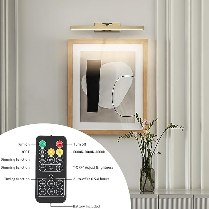 Joosenhouse Battery Operated Picture Light Wireless Gallery Light with Remote Control Rechargeable Wall Lights Brass 15.35" Dimmable and Timed Off Wall Sconce Light