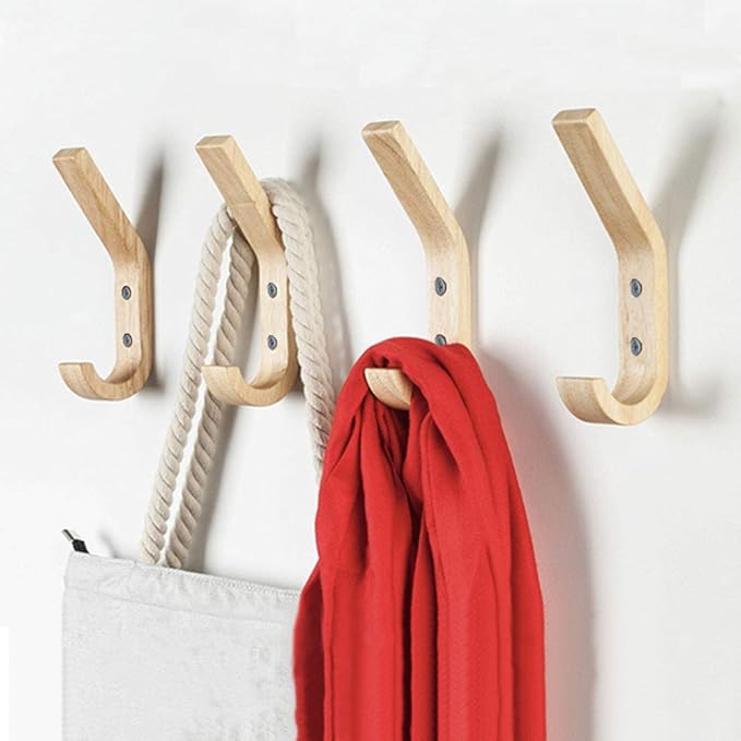 Wooden Coat Hooks Wall Hooks,Natural Oak Wood Hooks Decorative Vintage Wood Wall Hooks Organizer Heavy Duty Wall Mounted Hooks for Hanging Coats, Key, Cap, Cup (6 Pack)