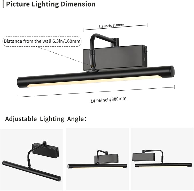Joosenhouse Wireless Picture Light Battery Operate Library Light 15Inch 5000mAh Rechargeable Gallery Light with Remote Control Dimmer and Timer Off Function Black Wall Light