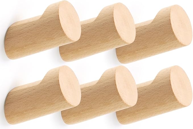 Wood Wall Hooks for Hanging, 6 Pack Hat Hook for Walls, Coat Hook Wall Mount, Backpack Hooks for Walls, Bathroom Towel Hanger (Natural)