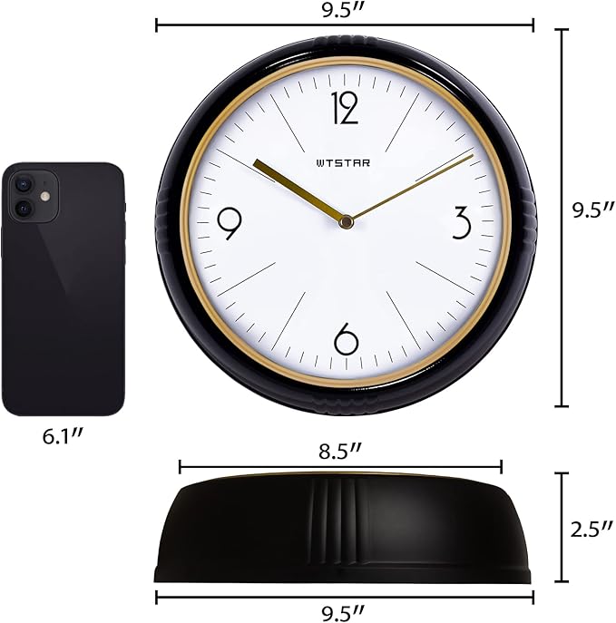 Retro Wall Clock Kitchen 50's Vintage Design Quality Quartz Battery Operated Round Silent Non Ticking for Home School Office Camper Trailer Black 9.5 inch Mid-Century Look