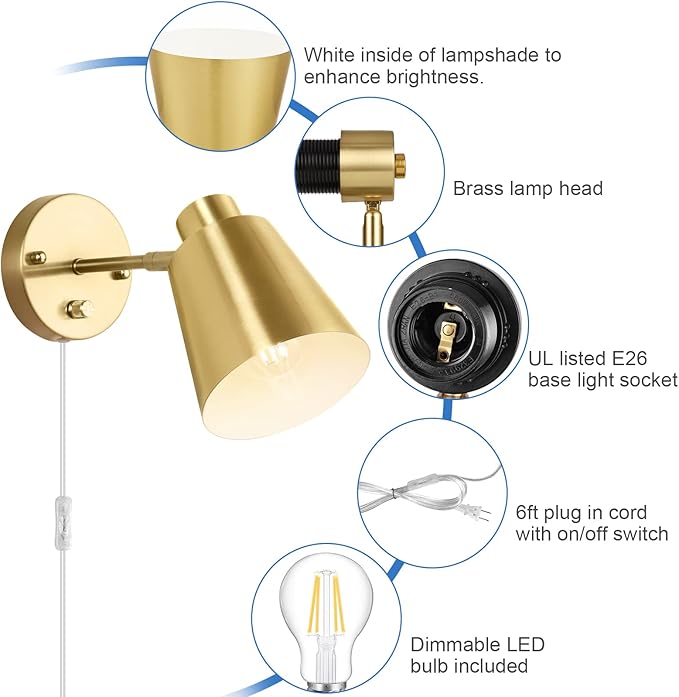 Plug in Wall Sconces, Dimmable Wall Sconces Adjustable Angle Wall Lights with Plug in Cord and Dimmer On/Off Knob Switch, Gold Wall Mounted Light for Bedroom Bedside Stairway(2 Pack, 2 Bulbs)