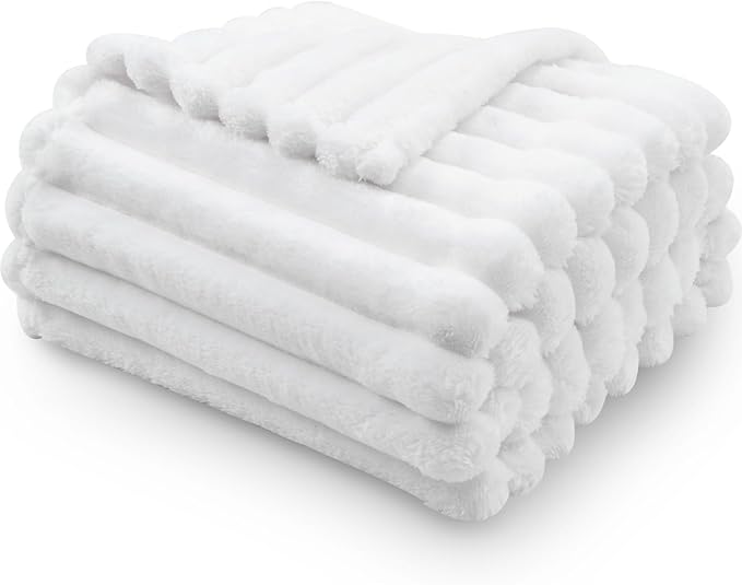NEWCOSPLAY Super Soft Throw Blanket White Premium Silky Flannel Fleece 3D Ribbed Jacquard Lightweight Bed Blanket All Season Use (White Ribbed, Throw(50"x60"))