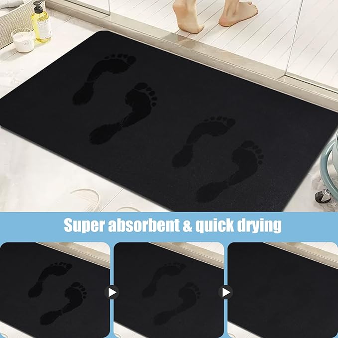 Diatomaceous Earth Bath mat Bathroom Rugs Super Absorbent Quick Dry Non Slip Bath Mat Thin Bathroom Floor Mats Fit Under Door-Shower Rug for in Front of Bathtub Shower, Black, 15.7"*23.6"