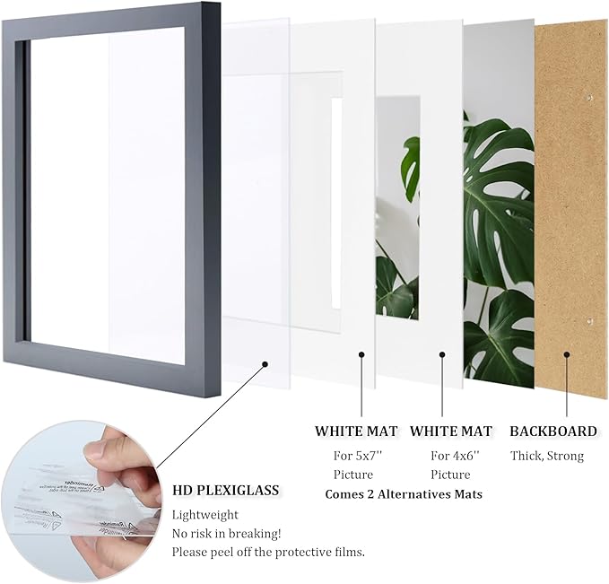 Egofine 8x10 Picture Frames 4 Pack - Wood Frames Covered by Plexiglass for Pictures 4x6 or 5x7 with Mat or 8x10 Without Mat, Photo Frames for Table Top and Wall Display, Dark Gray