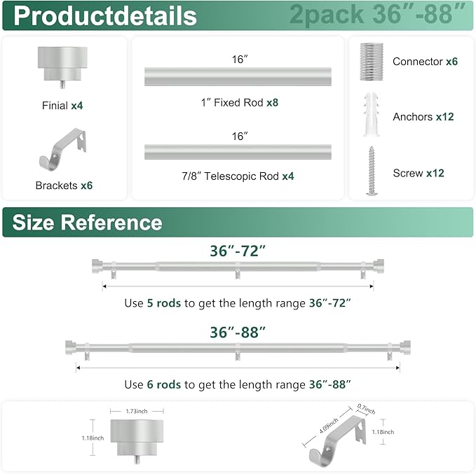 HEI! DEAR 2Pack Silver Curtain Rods 48 to 84 Inch(4-7FT),1 Inch Heavy Duty Curtain Rods,Adjustable Curtain Rod Set,Modern Decorative Drapery Rods,Telescoping Window Curtains Rods 36-88",Antique Silver