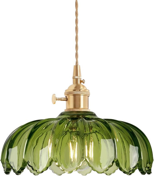 Pendant Light with Green Scindapsus Glass Lmapshade, Brass Vintage Pendant Light Adjustable Hanging Light for Kitchen Island Dining Room Hallway