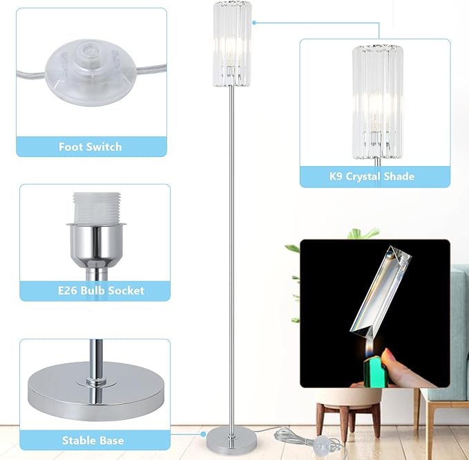 HMVPL Chrome Floor Lamp for Living Room, Modern Pole Floor Lamp for Bedroom with K9 Crystal Shade, Silver Standing Lamp for Corner with On/Off Switch,Elegant Tall Lamp for Nursery Kids Girls Room Home